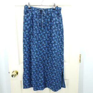 VTG Denim Floral Print Midi Skirt W/Drawstring Waist 8 Blue